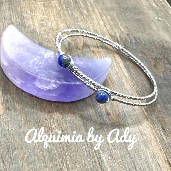 Silver statement tennis bangle set/ jeweled lapis lazuli cowgirl pastel - Picture 1 of 8